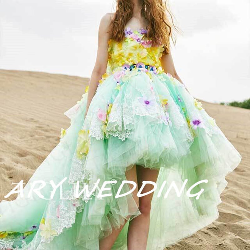 高品質！薄緑 ベアトップ カラードレス 前撮り フィッシュテール