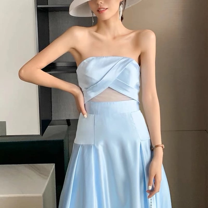 サテン チューブトップ ライトブルーウエディングドレス 二次会 