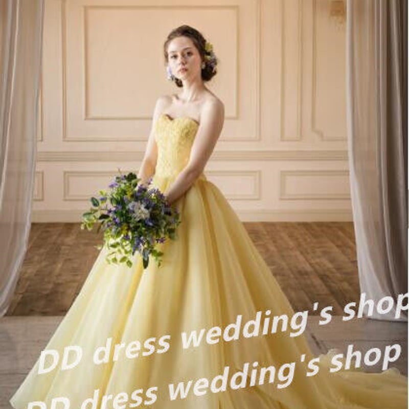 薄イエロー、リボンのウェディングドレス ドレスワンピース結婚式