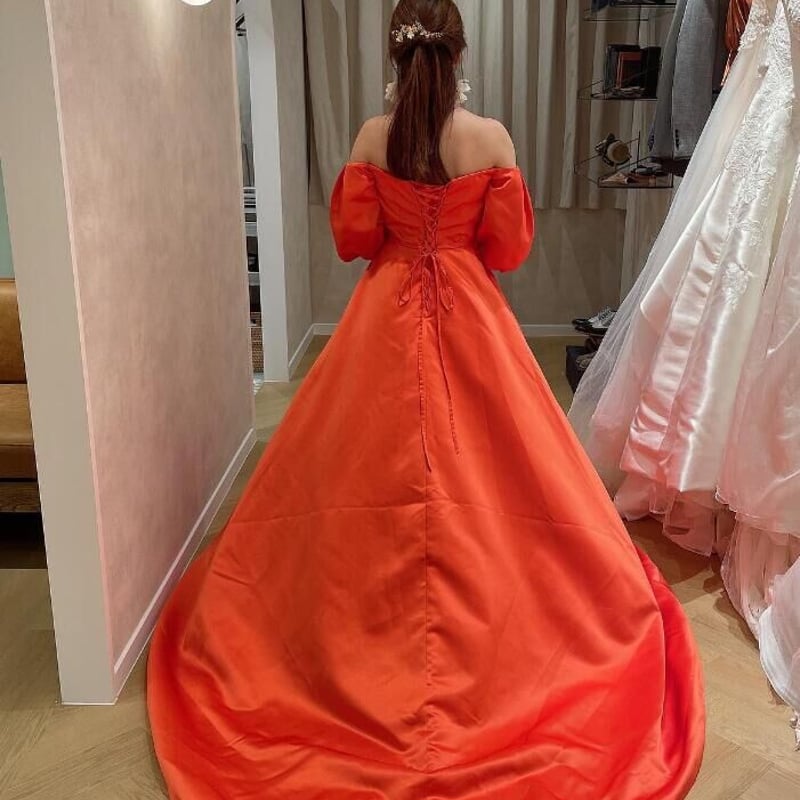 高品質！パーティードレス 前撮り結婚式 2次会 オレンジ ビスチェ  