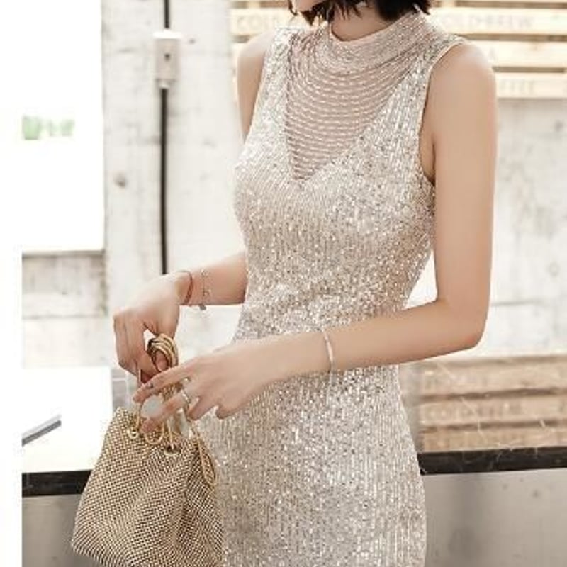 カラードレス シャンパン色 繊細レース ビーズ スパンコール  