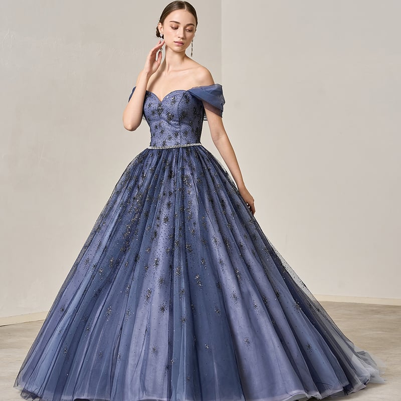 カラードレス 爽やかで優しいブルー オフショルダー キラキラチュール  