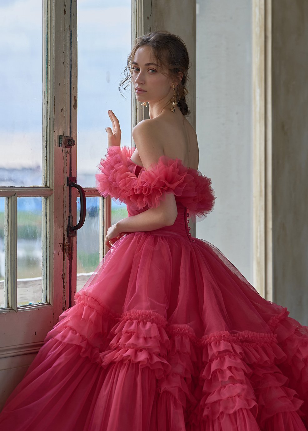 パニエ付き　シフォン生地　ワンショルダードレス　ピンク パニエ付き シフォン生地 ワンショルダードレス ピンク