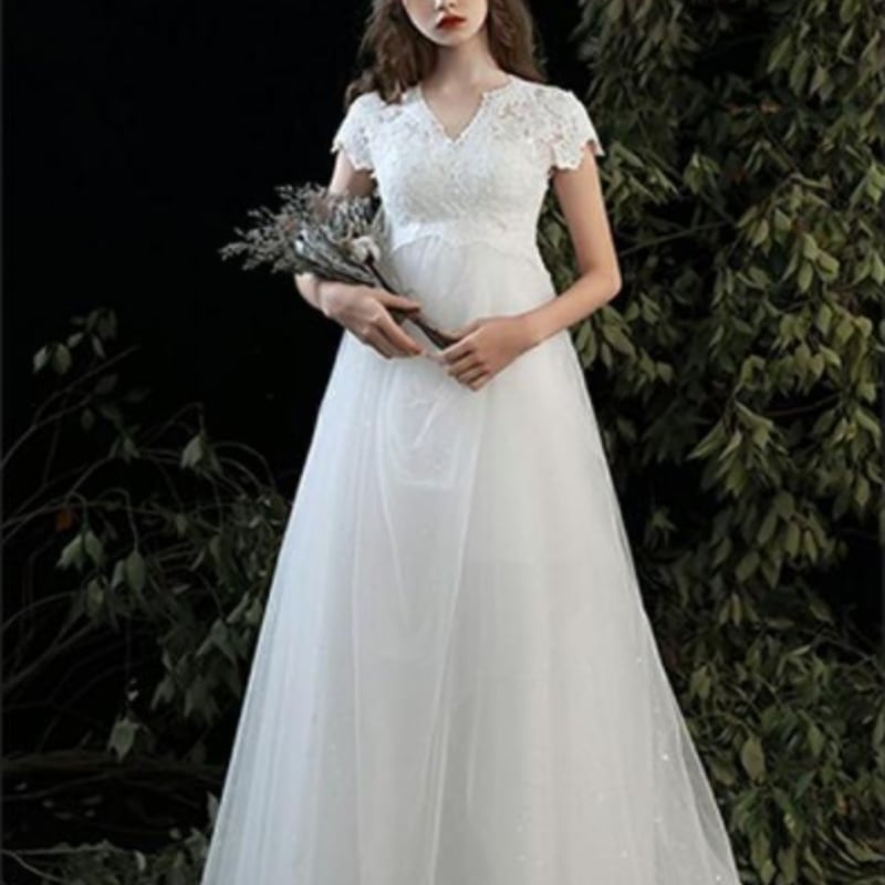 エレガント ウェディングドレス ごて ホワイト 短トレーン 撮り 二次会 