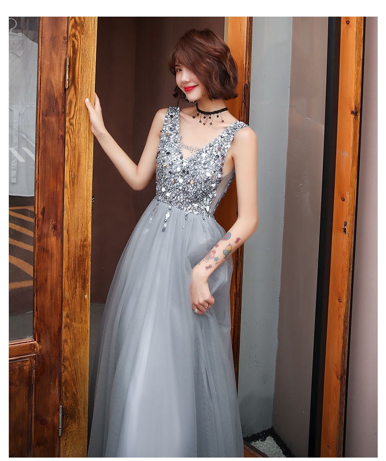 A220高級 ソフトチュール スパンコール 華やか ロング イブニングドレス