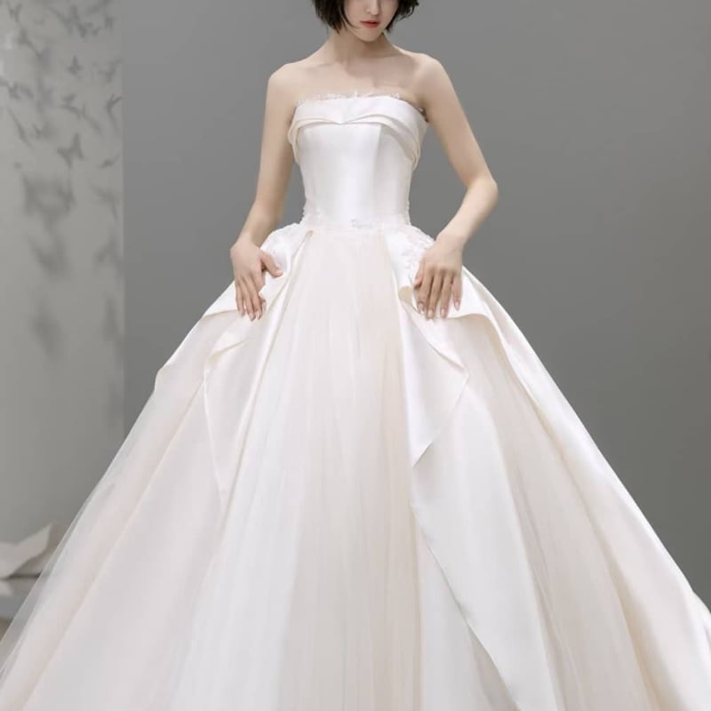 細見えシルエット ウエディングドレス シルク ベアトップ ロング  