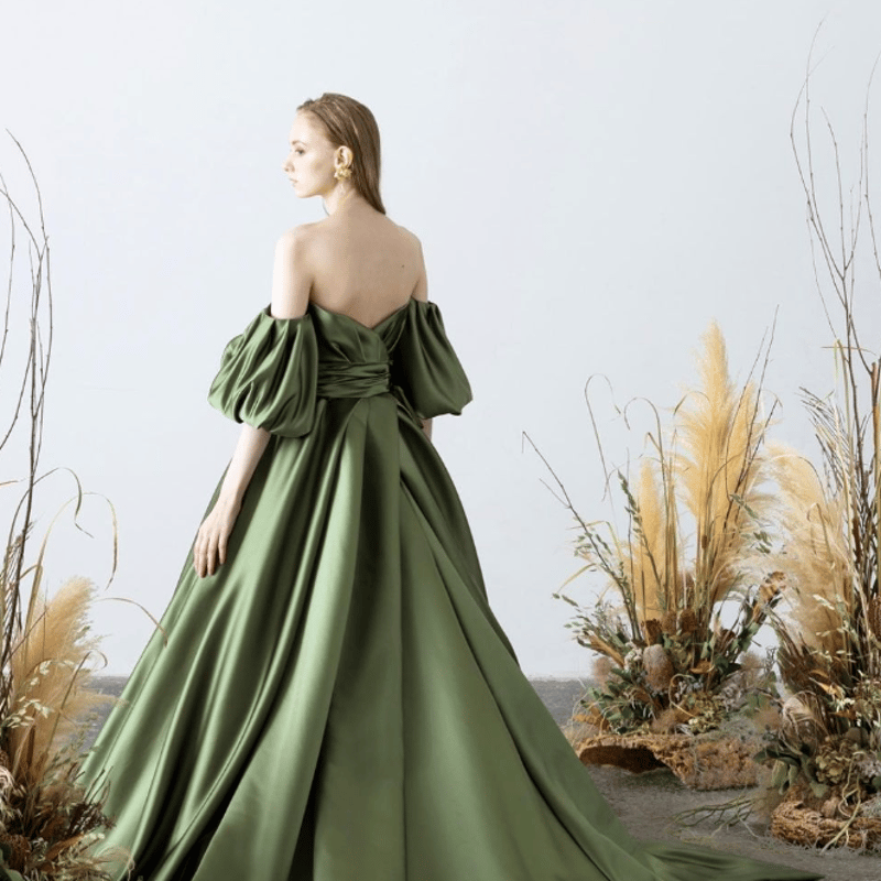 送料無料！パーティードレス とどまり 姫袖 ベアトップ グリーン 花嫁  