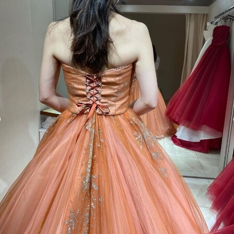 高品質！ テラコッタ色 リーフ刺繍 キラキラ光る刺繍 ビスチェドレス