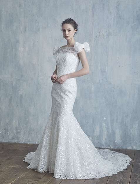 ウエディングドレス 取り外しオフショルダー キラキラスパンコール 総  