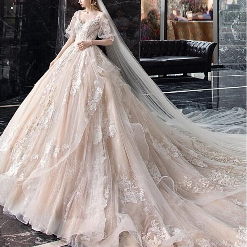 シャンパン色 ウエディングドレス 3D立体レース刺繍 結婚式 Vネックフォーマル/ドレス