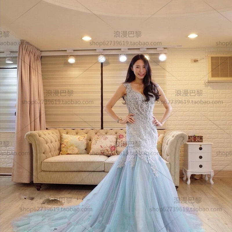 エレガント カラードレス ブルー Vネック キャミソール 編み上げ  