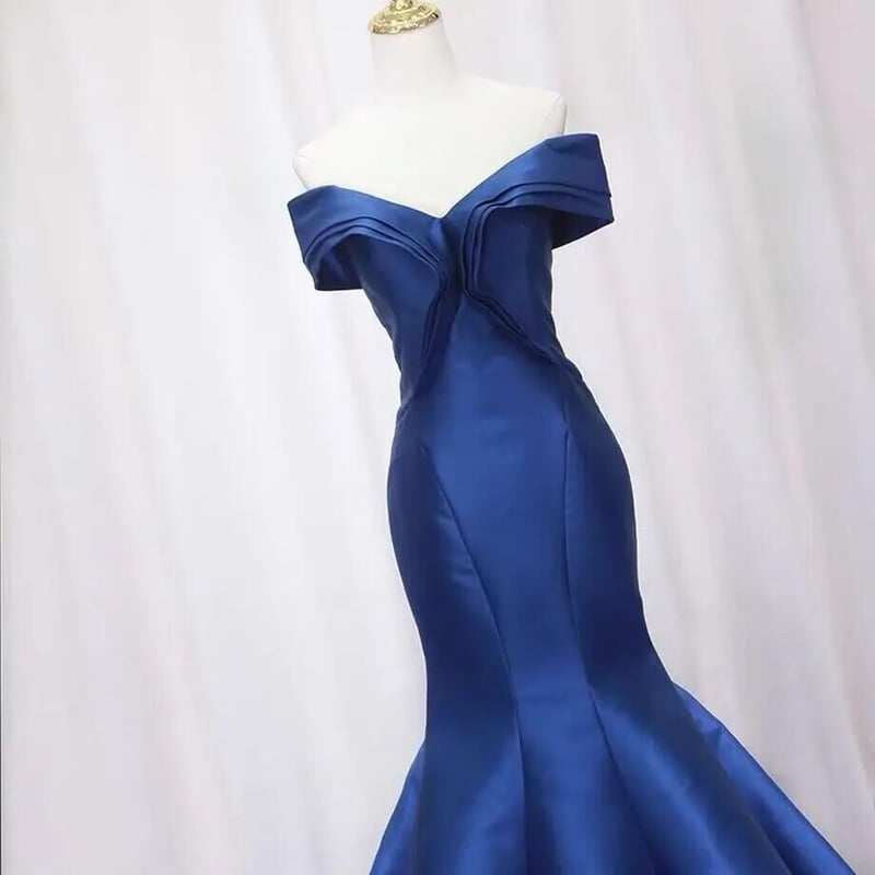 【美品】コンテストドレス 青 ブルー 美品！カラードレス 青/ブルー 光沢サテン オフショル マーメイド