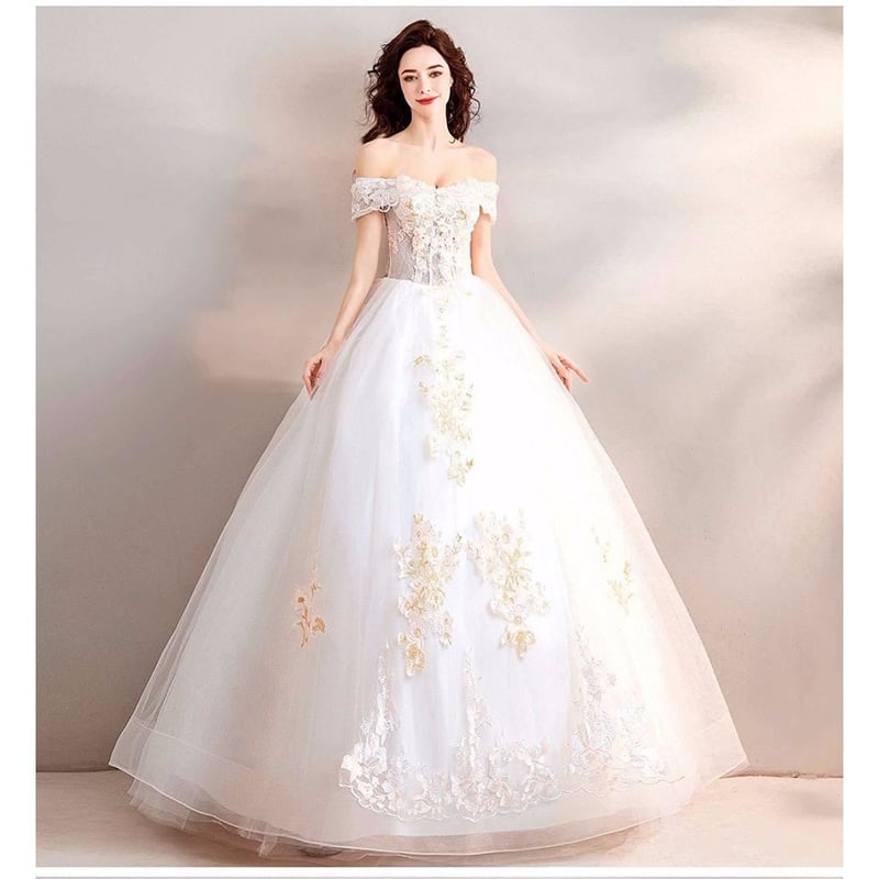 花柄 ふんわり 刺繍 ロング丈 豪華 袖あり 演出服 結婚式ドレス レース