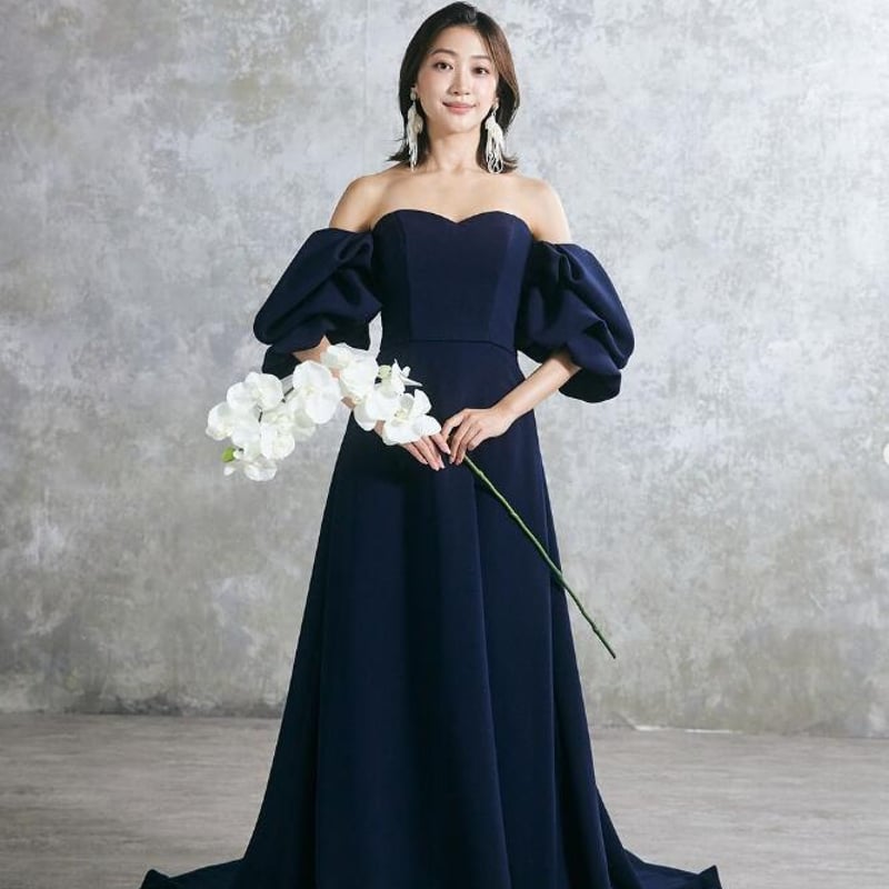 パーティードレス ネイビー 取り外し袖 クレープ生地 マット生地  