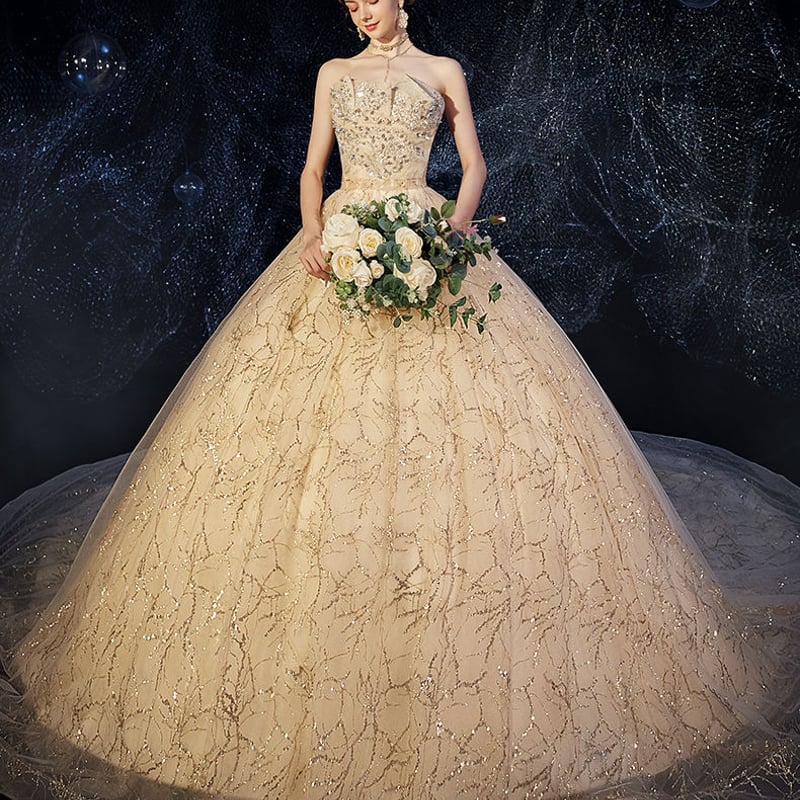 カラードレス シャンパン色 キラキラチュール ベアトップ プリンセス  