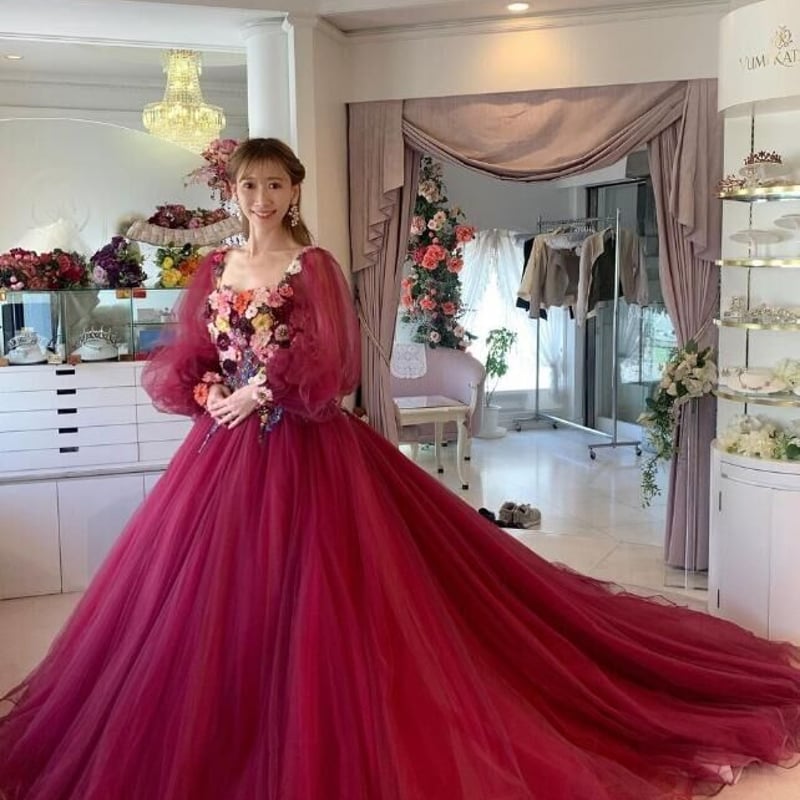 高品質！ カラードレス 取り外し袖 ローズピンク 花モチーフ 柔らかく  