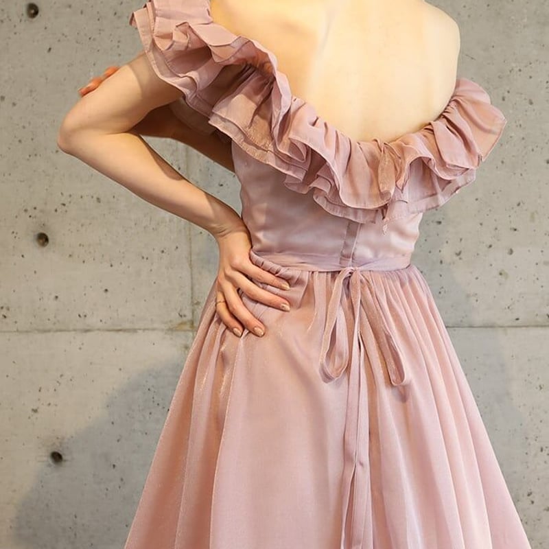 パーティードレス ピンク ラッフルフリル ファスナー オフショルダ  
