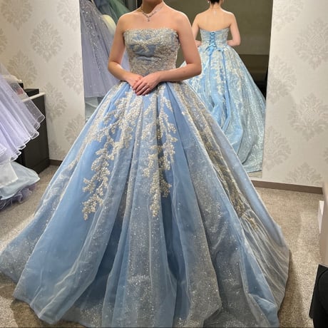 カラードレス   爽やかで優しいブルー    取り外し袖   キラキラ光る刺繍    華やかなトレーン   編み上げ  結婚式   抜群のおしゃれ見え