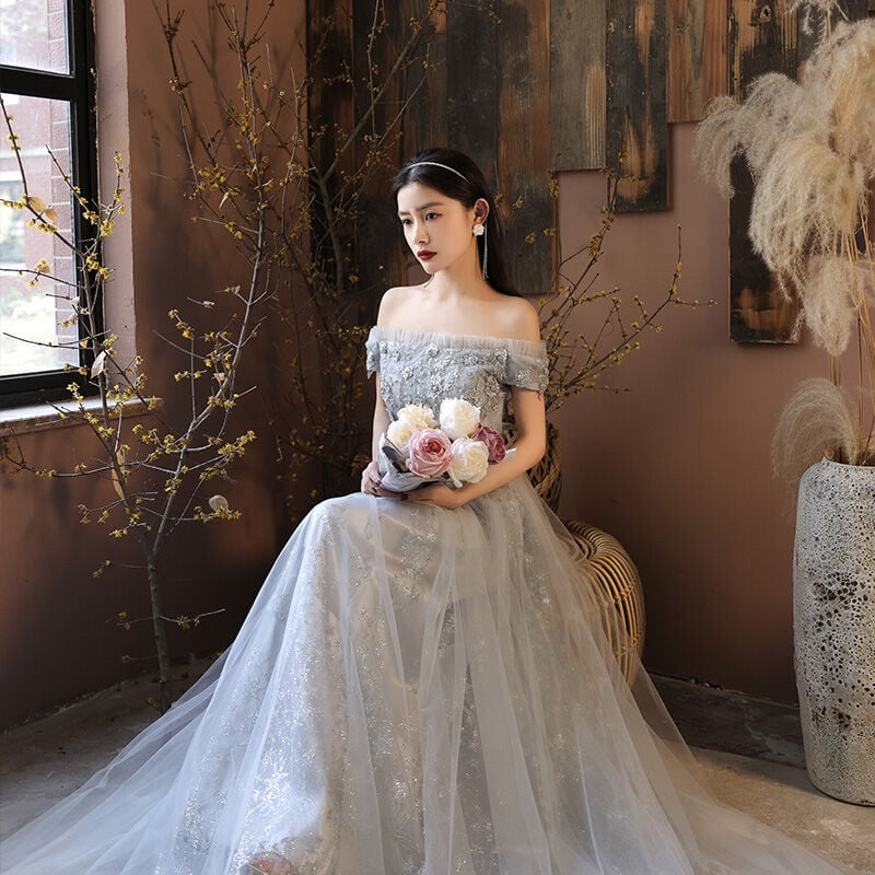 高品質！ フランス風 グレー オフショル パーティードレス ソフト  