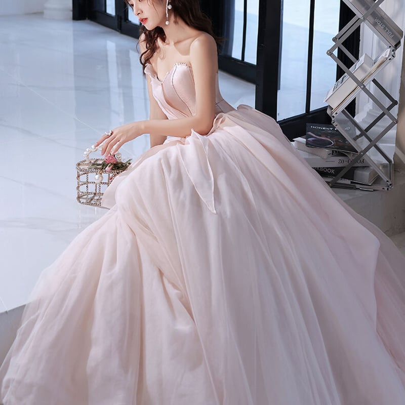 フランス風 パーティードレス ピンク ベアトップ 上質オーガンジー  