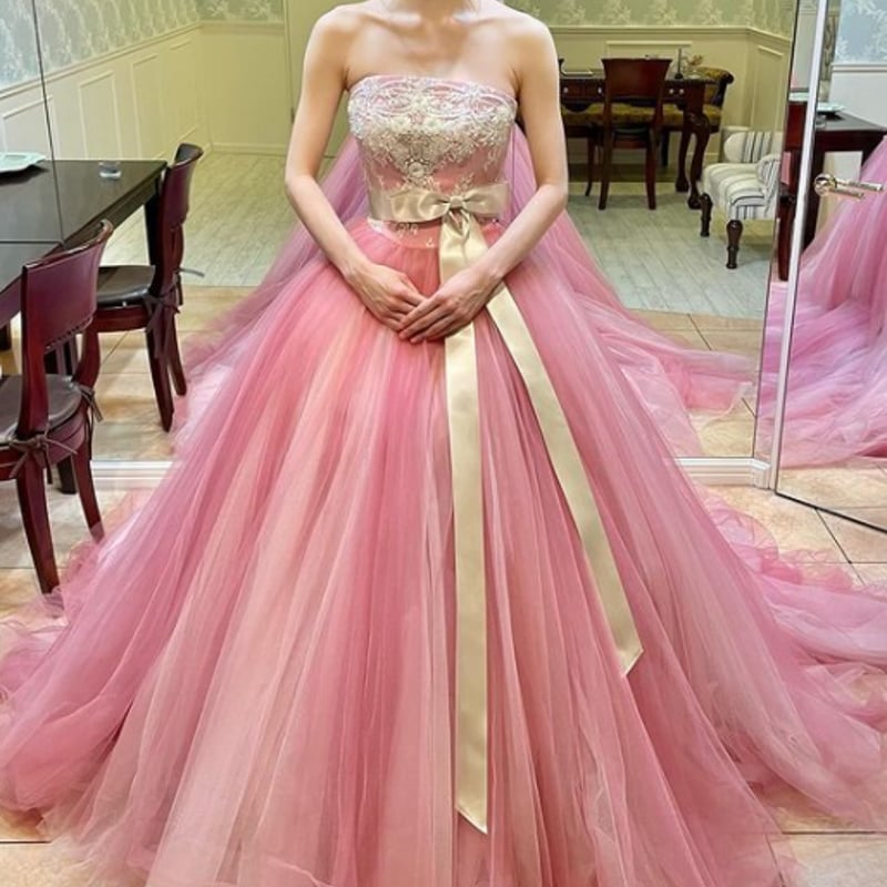 カラードレス ピング ノースリーブ ロングドレス ボリュームドレス  