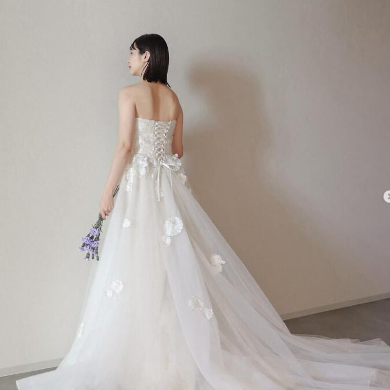 ウエディングドレス 3D立体レース刺繍 編み上げ チュールスカート 結婚  