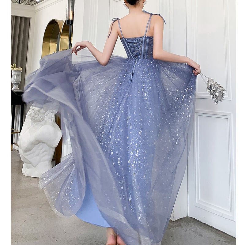 上品！パーティードレス 薄青 キャミソール 上質オーガンジー 2次会  