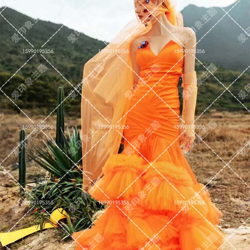 豪華！ベアトップ カラードレス オレンジ マーメイドライン 挙式 前  