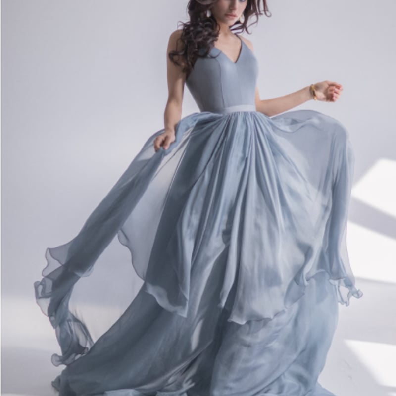 高品質！ カラードレス ブルーグレー ソフトチュール キャミソール V  