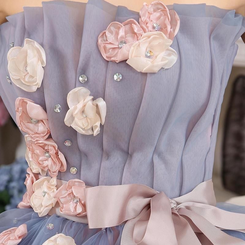 カラードレス グレー 上質オーガンジー ベアトップ プリンセスライン  