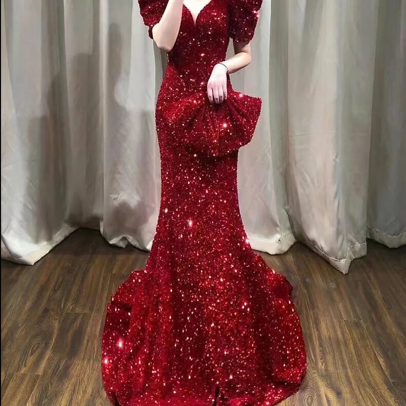 高品質！パーティードレス ワインレッド Vネックドレス スパンコール 2  