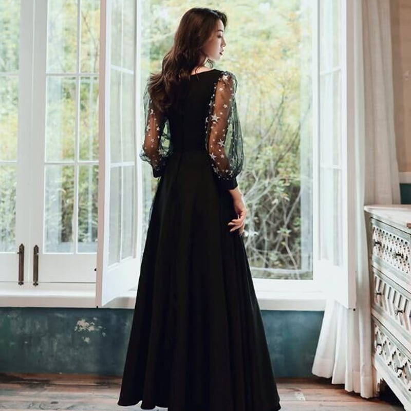 上品！ パーティードレス 黒 Vネックドレス 上品透け袖 ロング