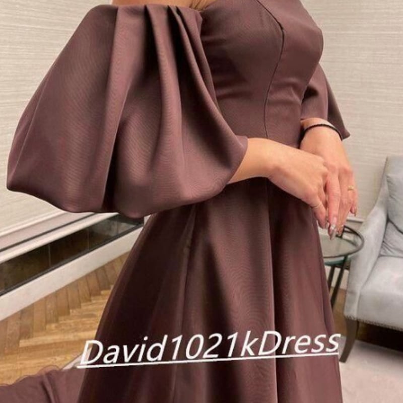 ブラウンカラードレス ベアトップ パフスリーブ トレーン 姫袖  