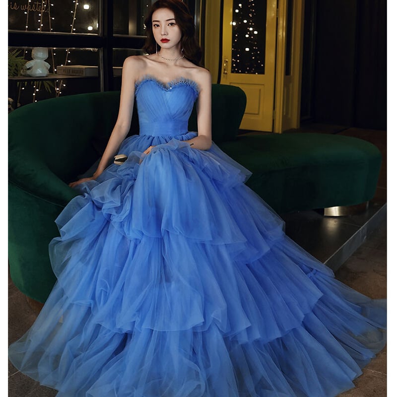 高品質！青 ベアトップ カラードレス ソフトチュール プリンセスライン  