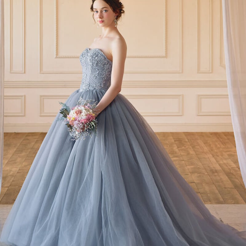フランス風カラードレス 水色 ベアトップ ソフトチュール 憧れのドレス  