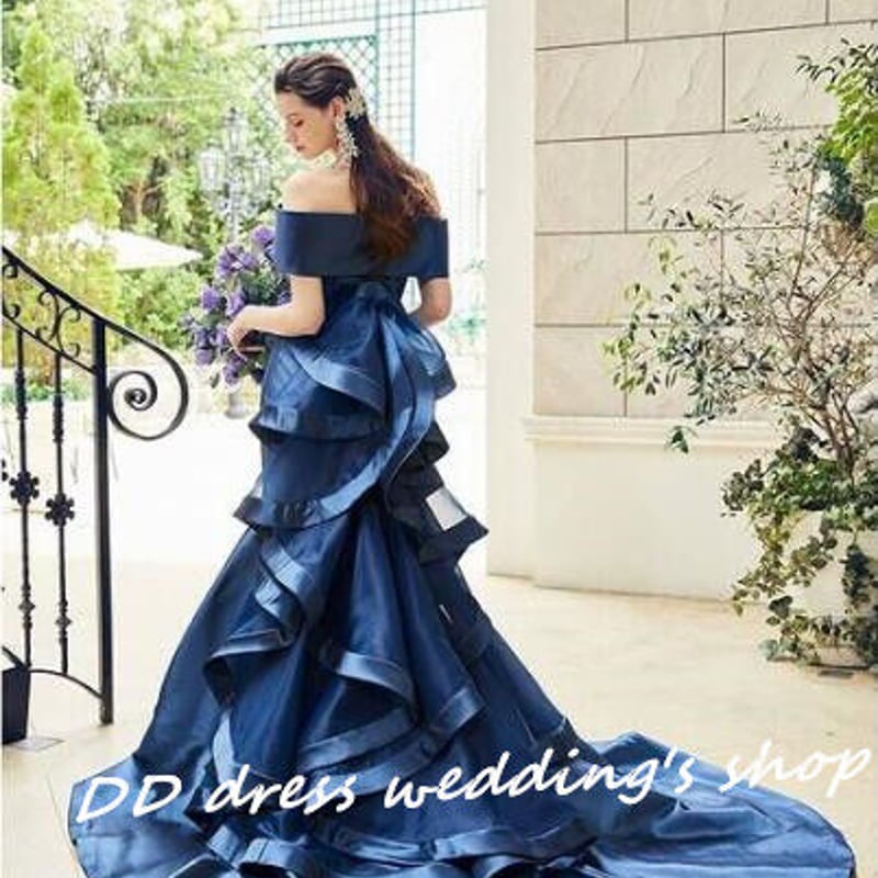 高品質！二次会 披露宴 パーティードレス ネイビー オフショル  