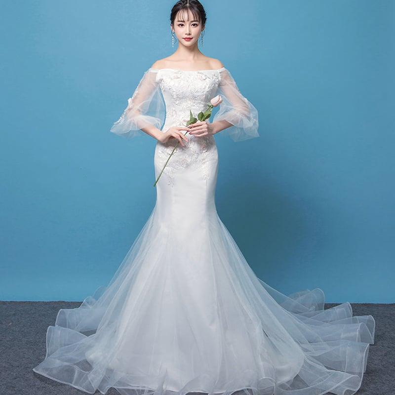 ウエディングドレス ホワイト ソフトチュール 光沢サテン オフショル  