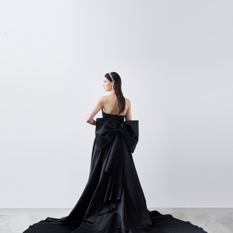 色直し パーティードレス 黑 ベアトップ リボン サテン スレンダー  
