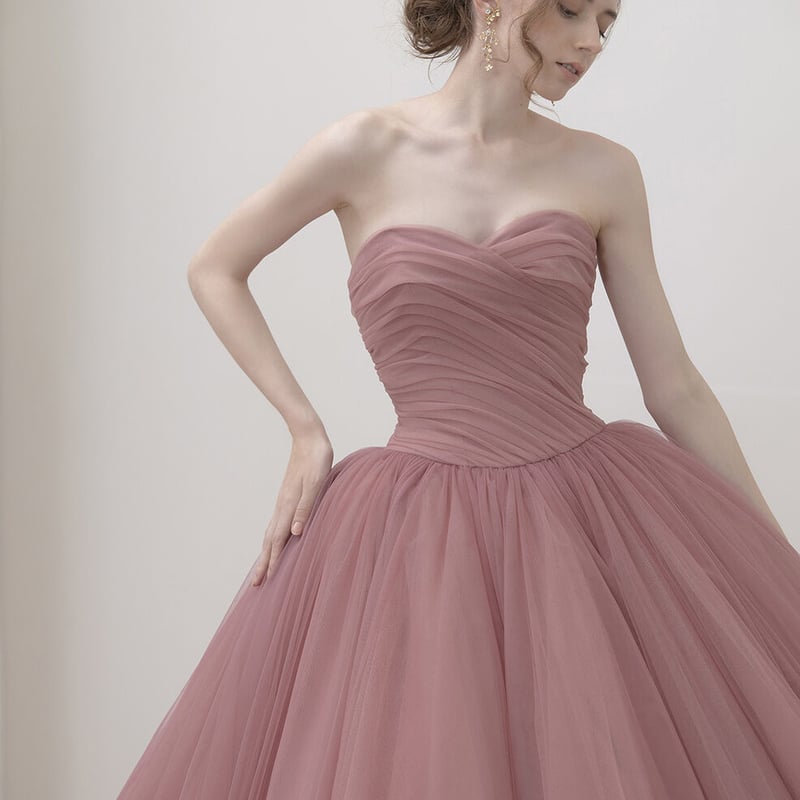 カラードレス ピンク 取り外しオフショルダー 柔らかく重ねたチュール  
