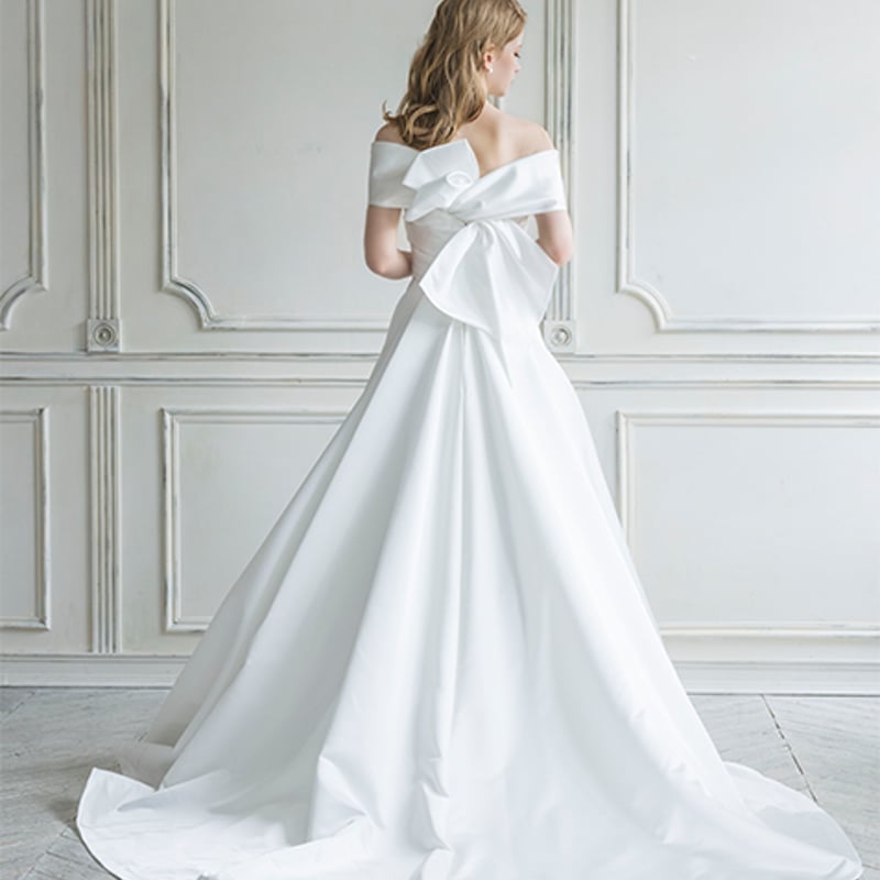 ウェディングドレス 取り外し オフショル リボン 光沢サテン