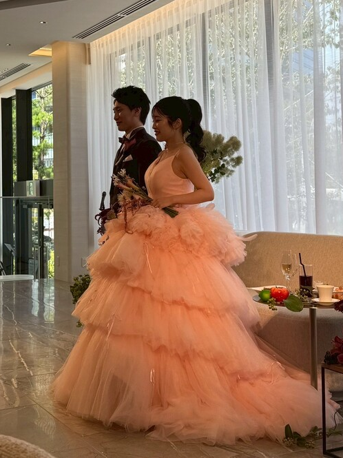 実例写真！カラードレス ピンク キャミソール リボン 編み上げ 可