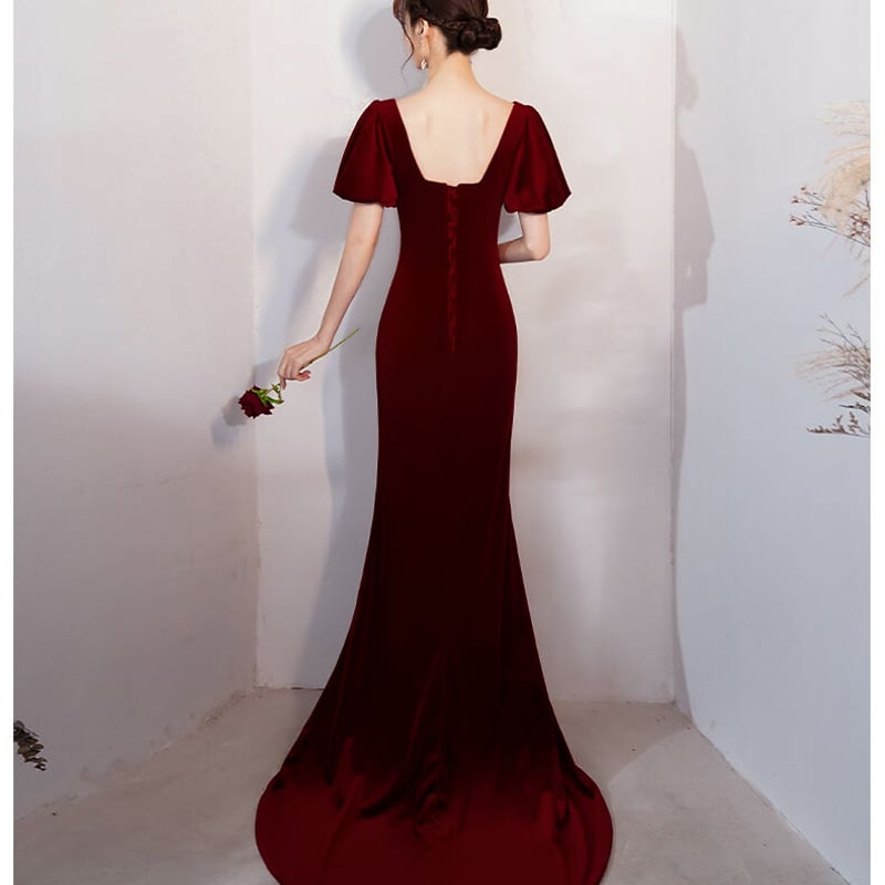高級ベロアスリットロングドレス★結婚式やパーティーに最適 豪華！パーティードレス ワインレッド 高級ベロア スリット