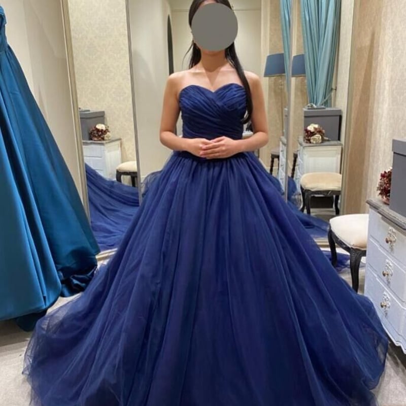 カラードレス ネイビー ベアトップ Aライン ソフトチュール クラシカ 