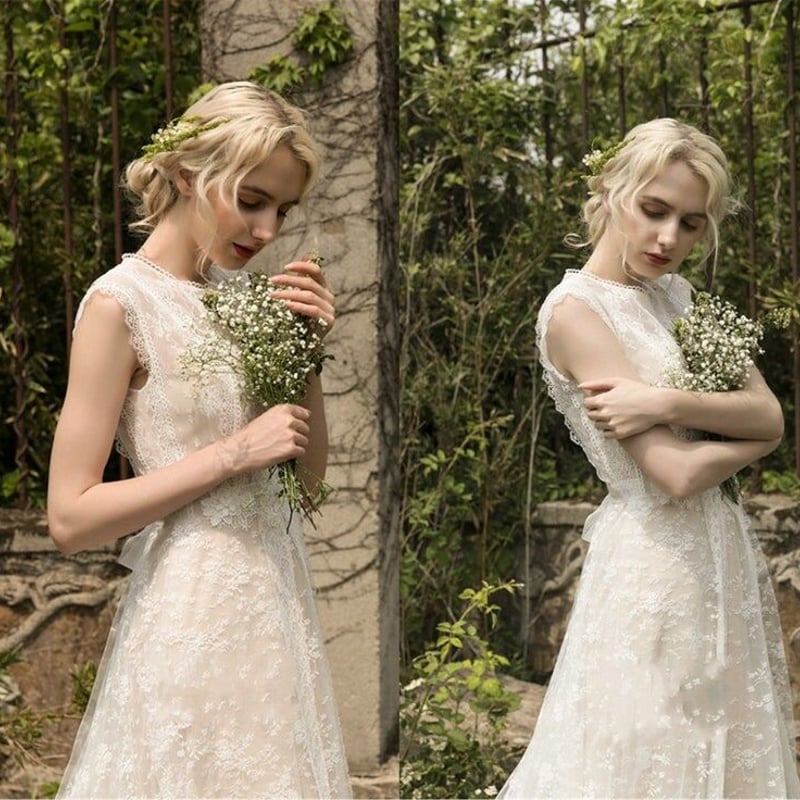 フランス風 総レース ウエディングドレス 薄シャンパンの色 ソフト  