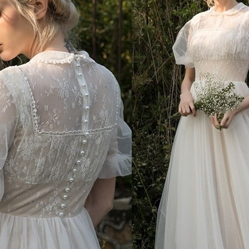 ホワイトウェディングドレス　パフスリーブ付き ウエディングドレス 結婚式 花嫁 プリンセスライン ホワイト