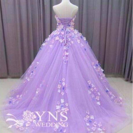 高品質！ 紫 ベアトップ カラードレス 花モチーフ 華やかなトレーン プリンセスハンドメイド 編み上げ