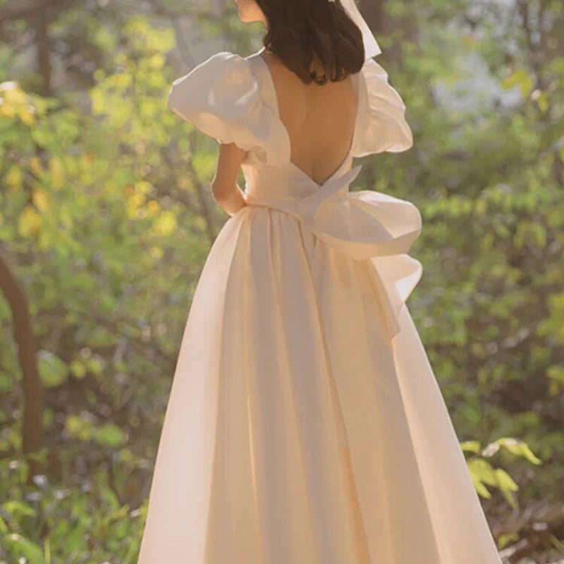 フランス風 ウエディングドレス 前撮り プリンセスライン パフスリーブ  