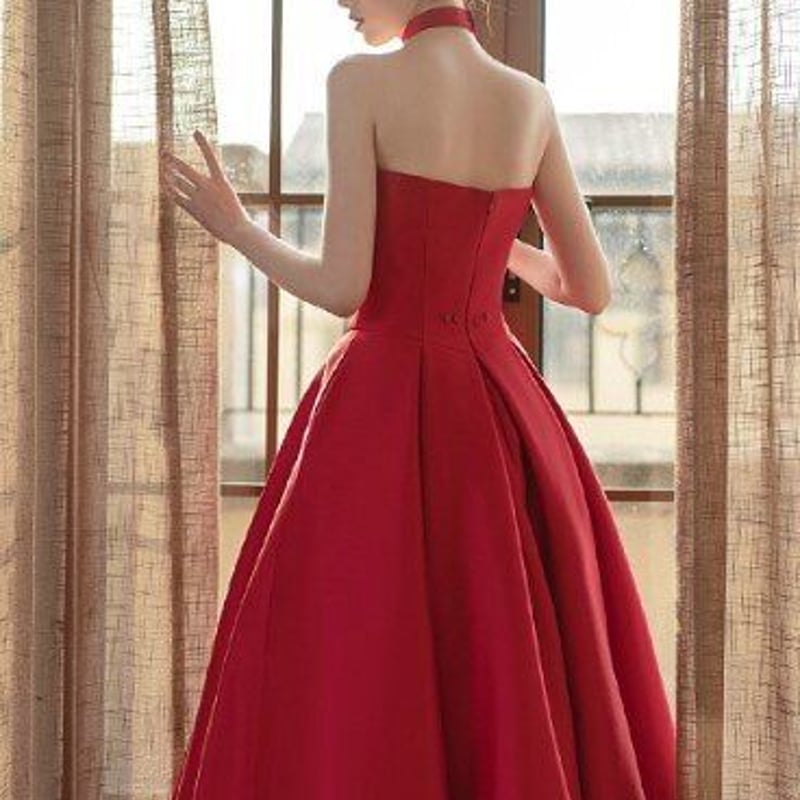 高品質！パーティードレス 赤 光沢サテン フィッシュテール 憧れの