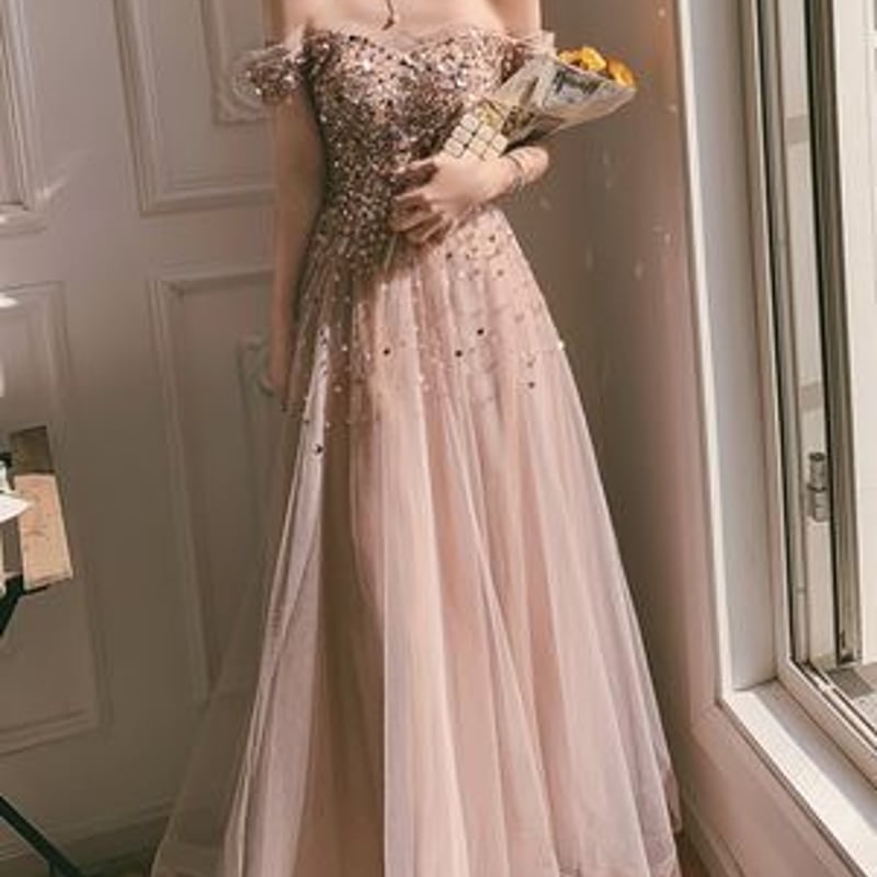 オフショルダー スパンコール パーティードレス お呼ばれ/二次会/2次会  