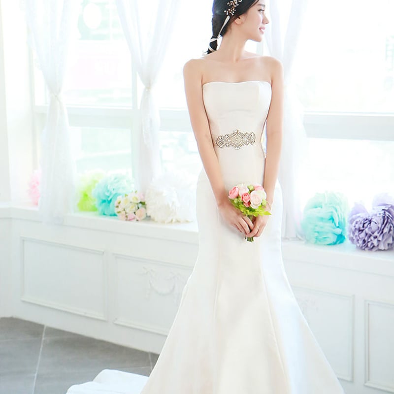 ウエディングドレス ホワイト ポリエステル マーメイドライン ベア  